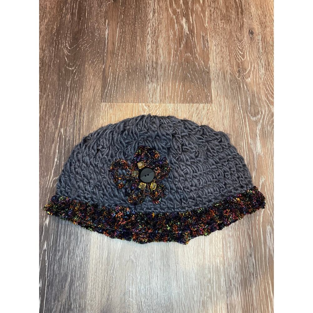 grey and multicolor knitted with beading beanie